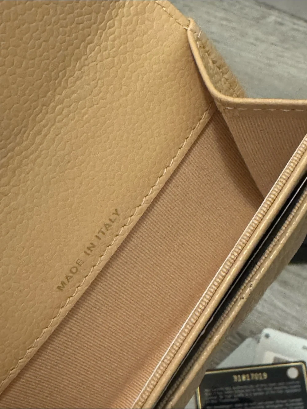CHANEL Tan Quilted Caviar Leather Card Wallet with Gold CC